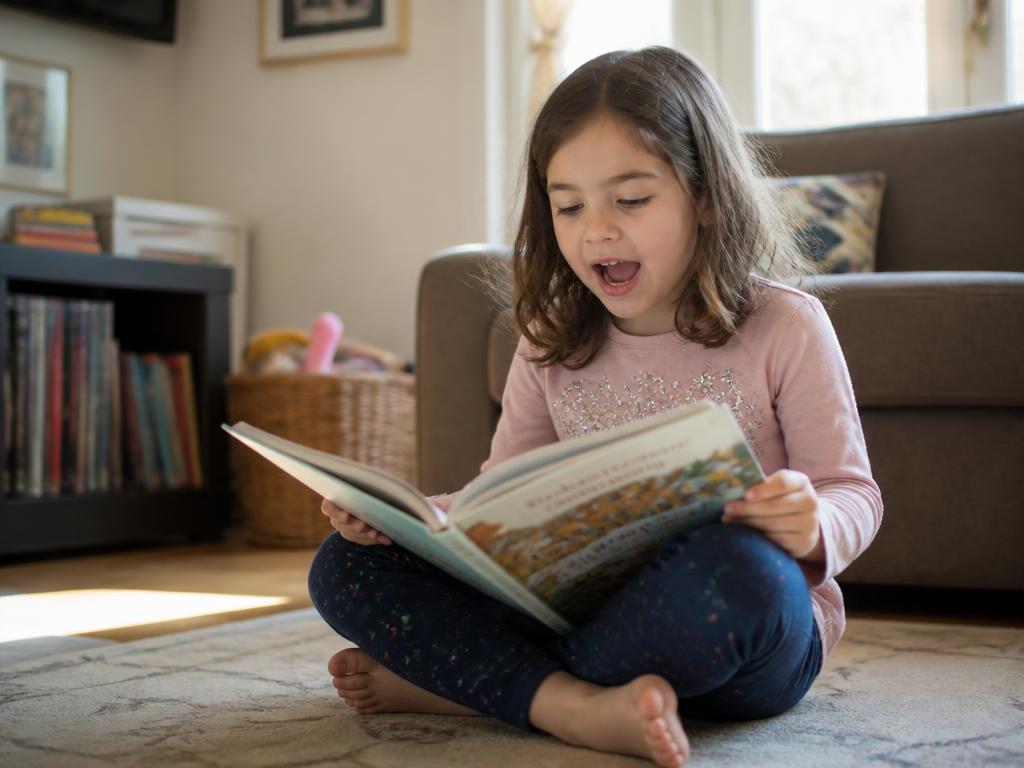 A young child sitting on a rug reading a picture book out loud