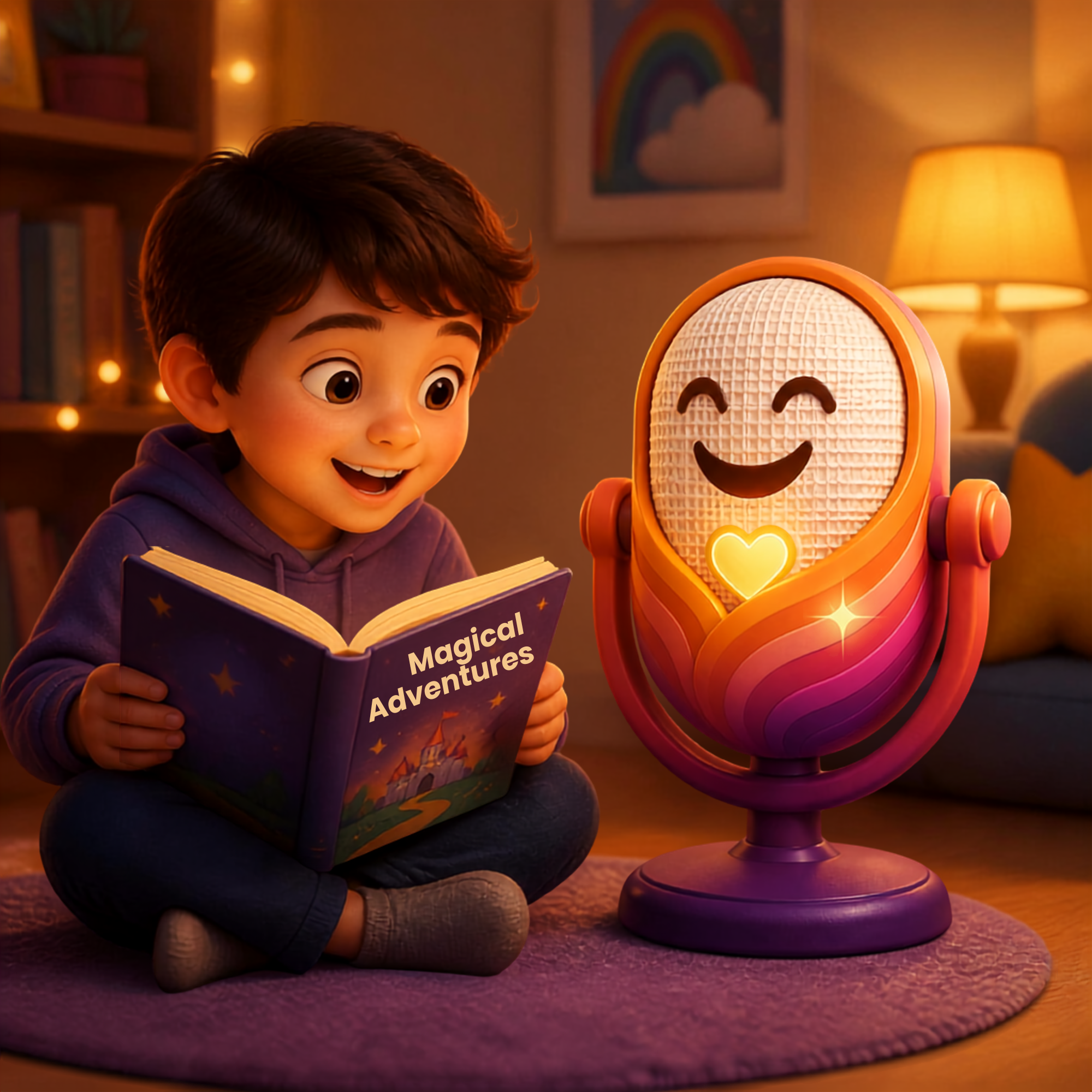 A child reading a storybook aloud while WONZY™ listens beside them