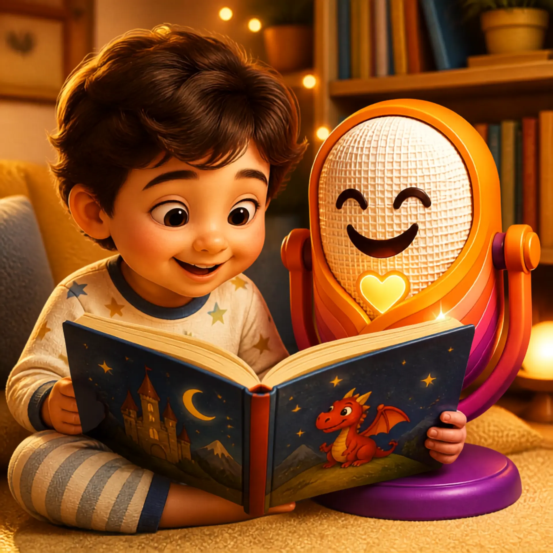 A child and WONZY™ sharing a storybook and taking turns reading